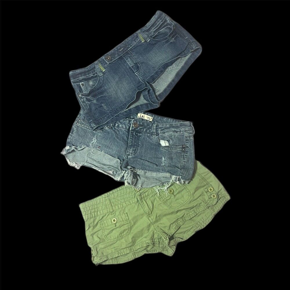 3 Pairs LEI L.E.I Short Shorts Denim Green Khaki Size 13 Juniors